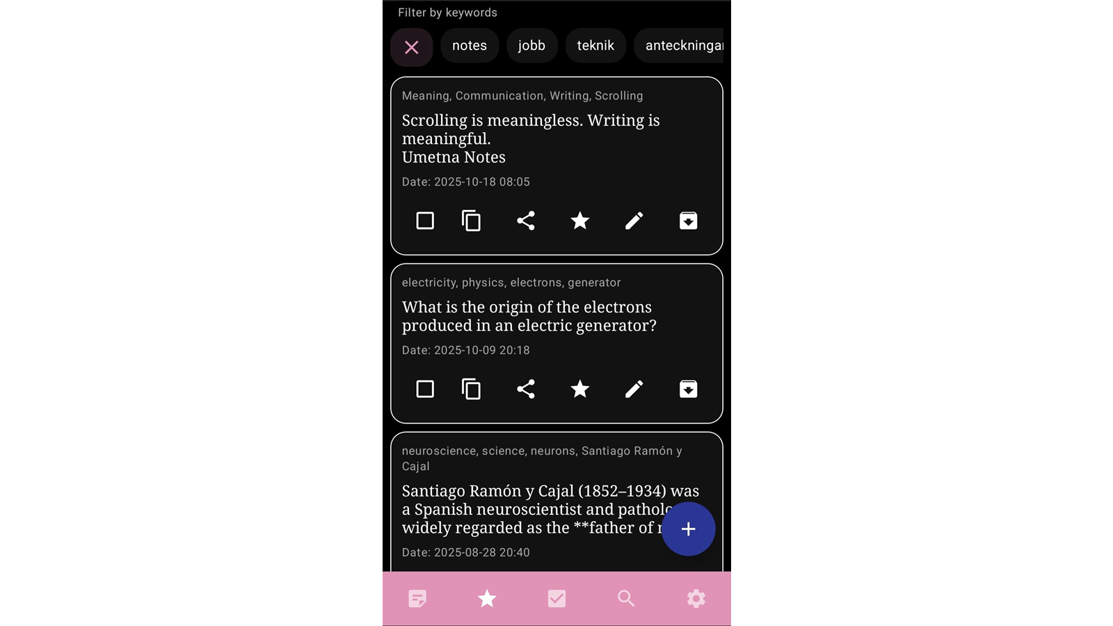 Umetna Notes mobile UI